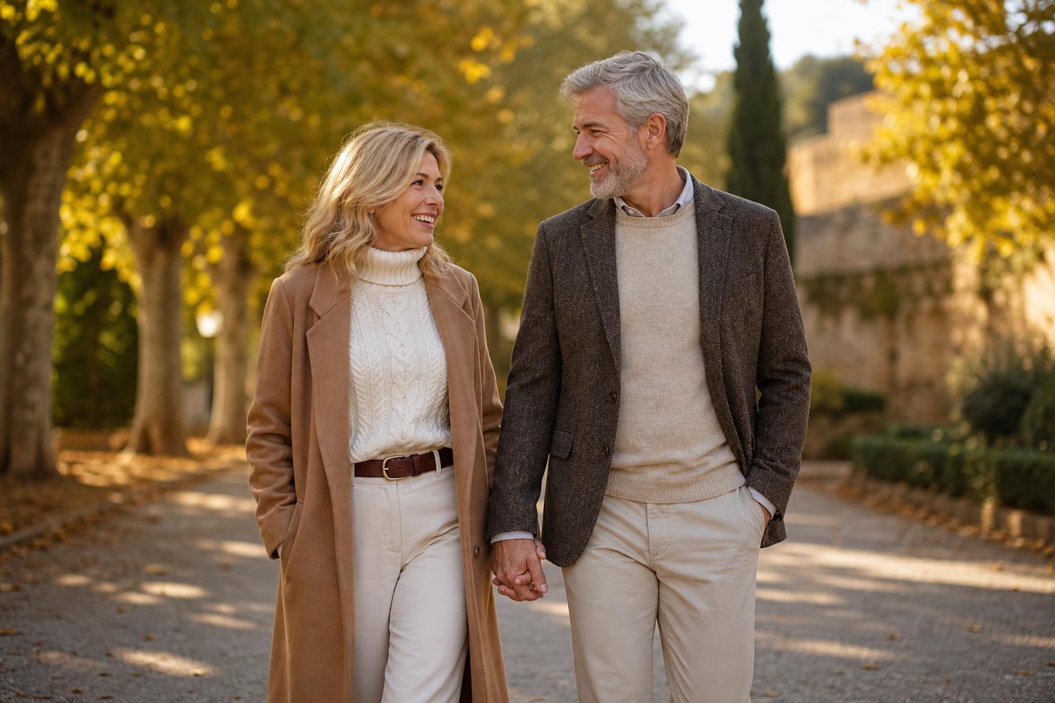 Pareja mayor de 50 años caminando de la mano por un sendero en otoño